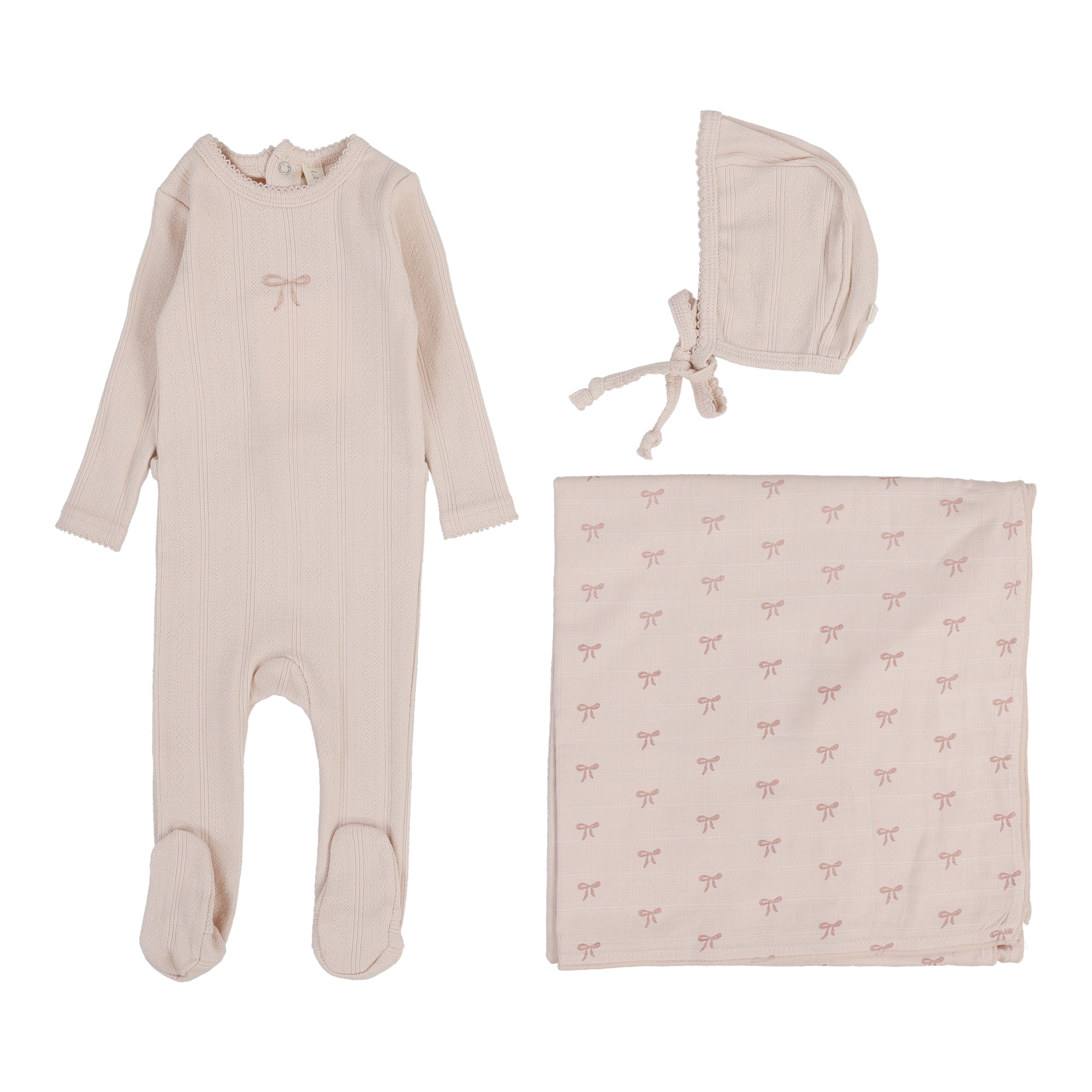 Pointelle Graphic Layette Set - Soft Pink- Bow