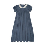 Embroidered Collar Maxi Short Sleeve-Off Blue