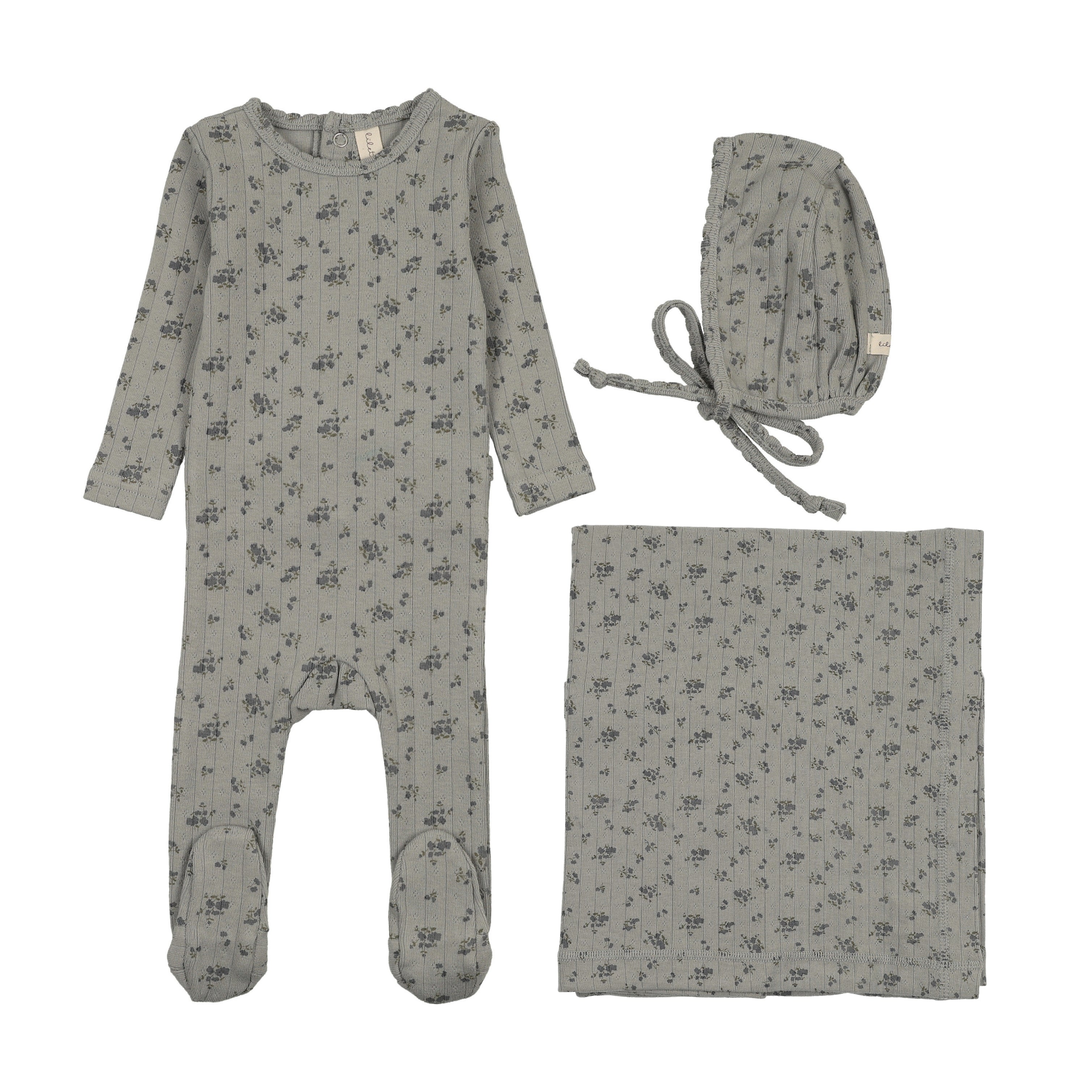 Garden cluster print layette set-light blue