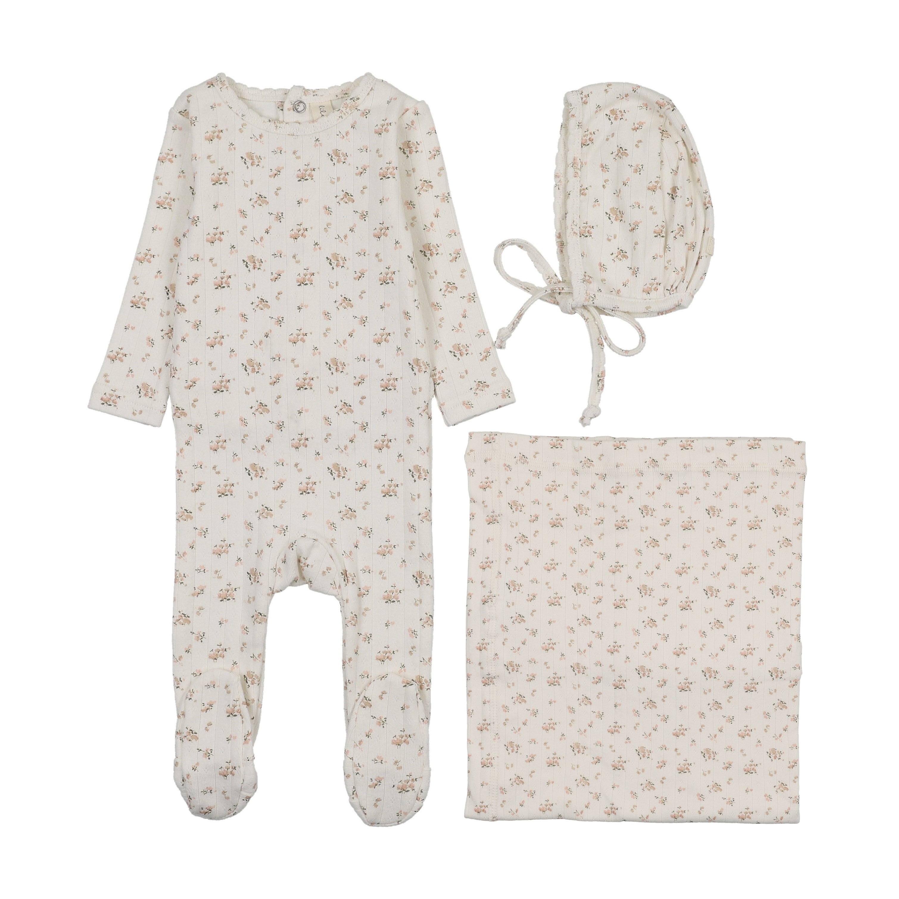 Garden cluster print layette set-cream/pink