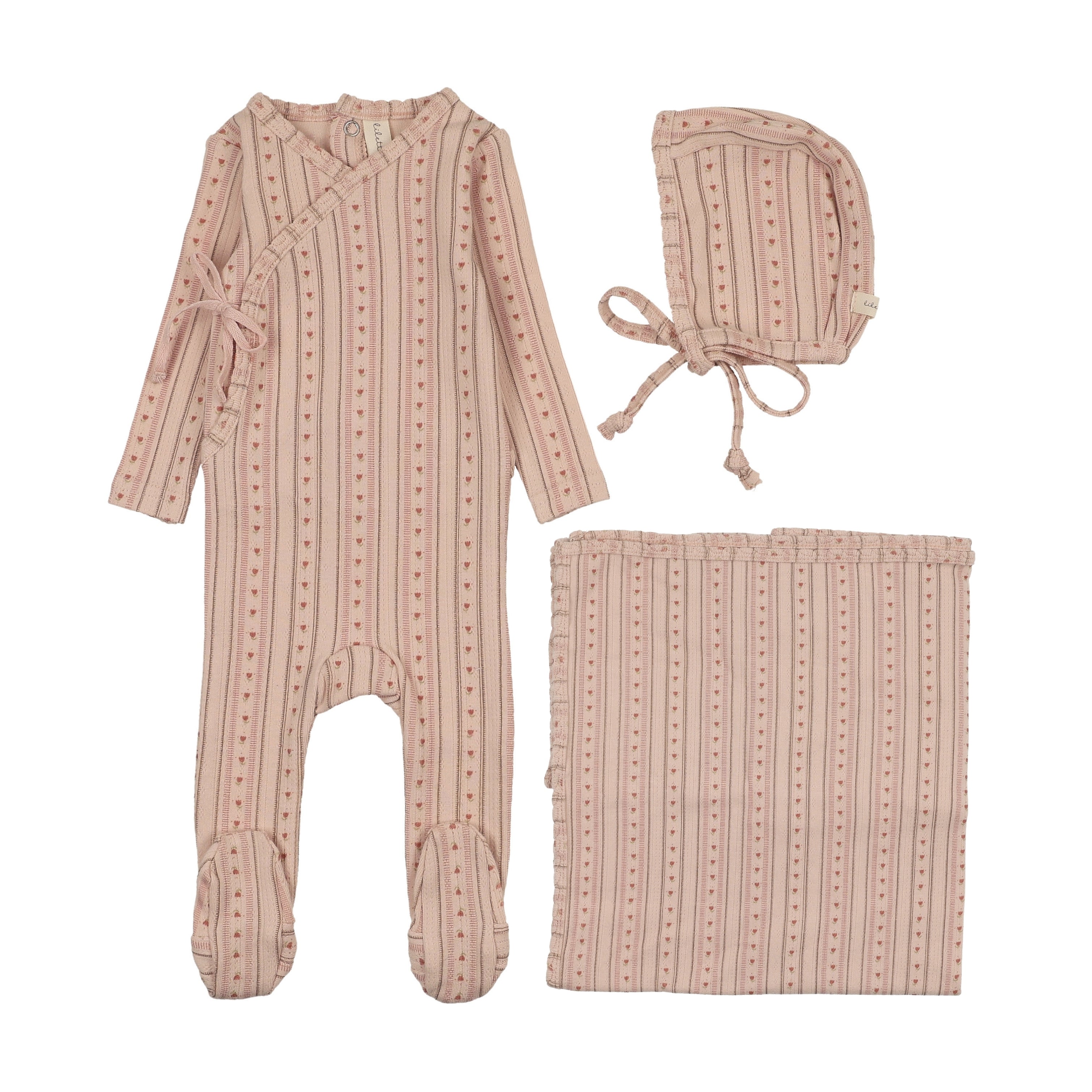 Linear print layette set-pale pink