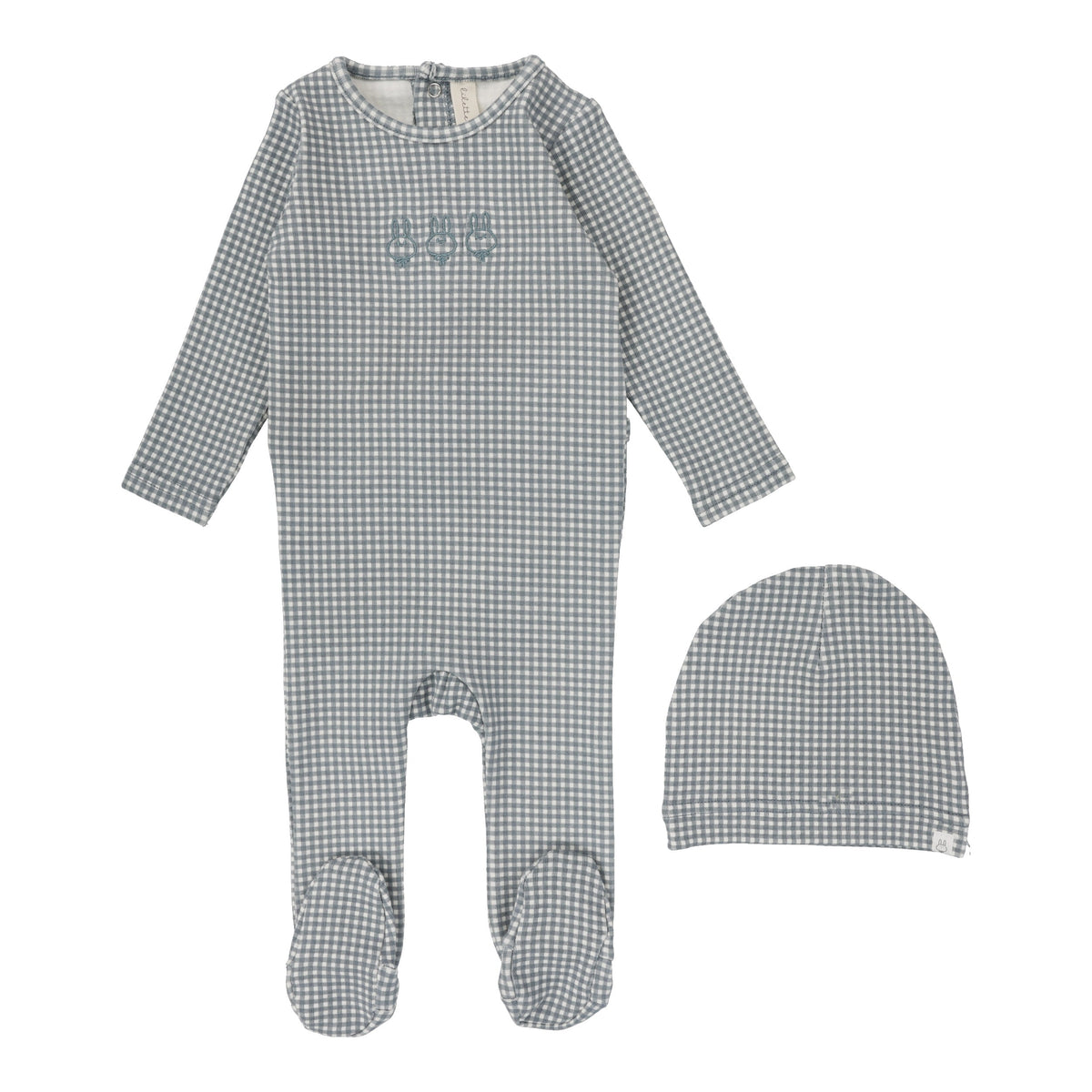 Lil Legs Grid Footie & Bonnet - Cream/Blue