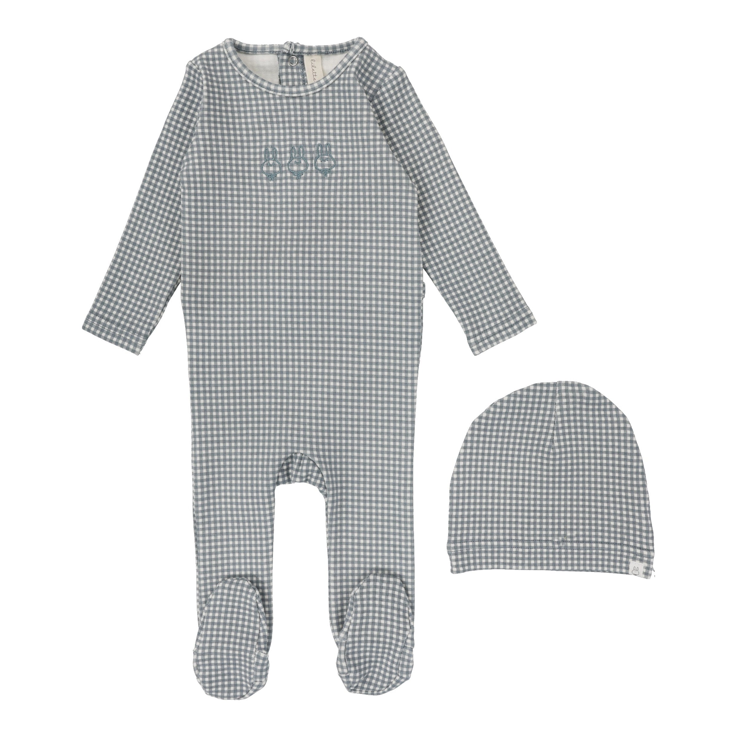 Lil Legs Grid Footie & Bonnet - Cream/Blue