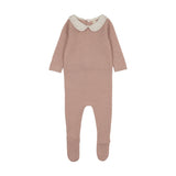 Embroidered knit collar footie-dusty pink