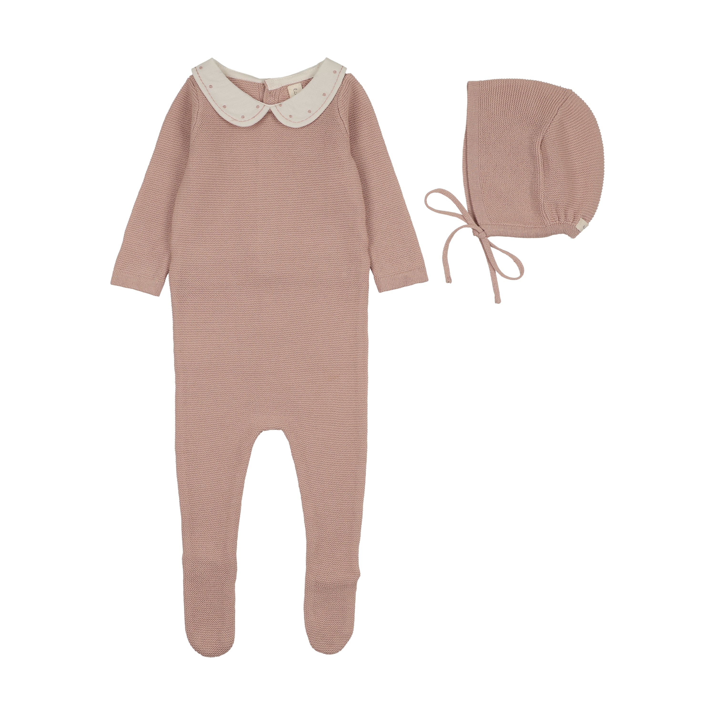 Embroidered knit collar footie set-dusty pink