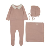 Embroidered knit collar layette set-dusty pink