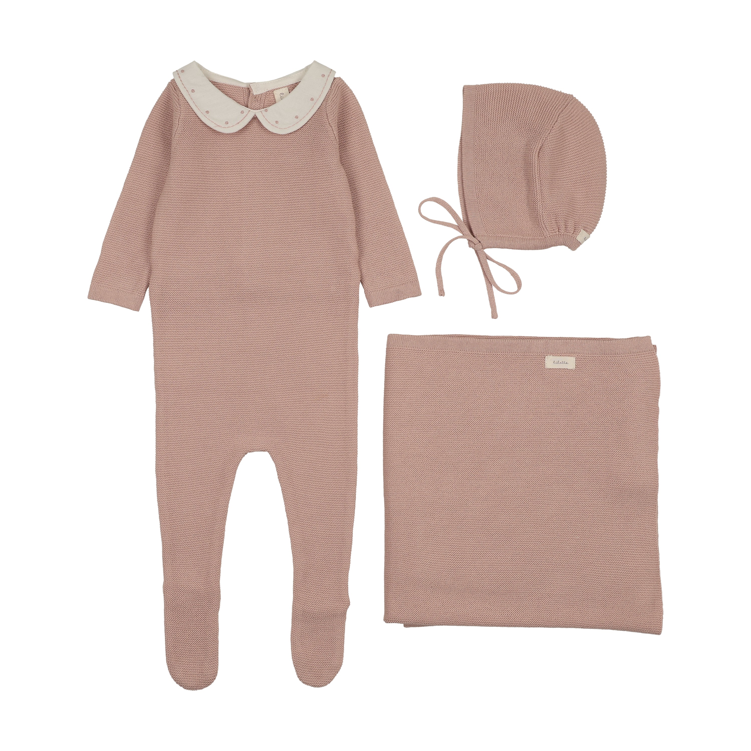 Embroidered knit collar layette set-dusty pink