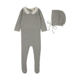 Embroidered knit collar footie set-light blue