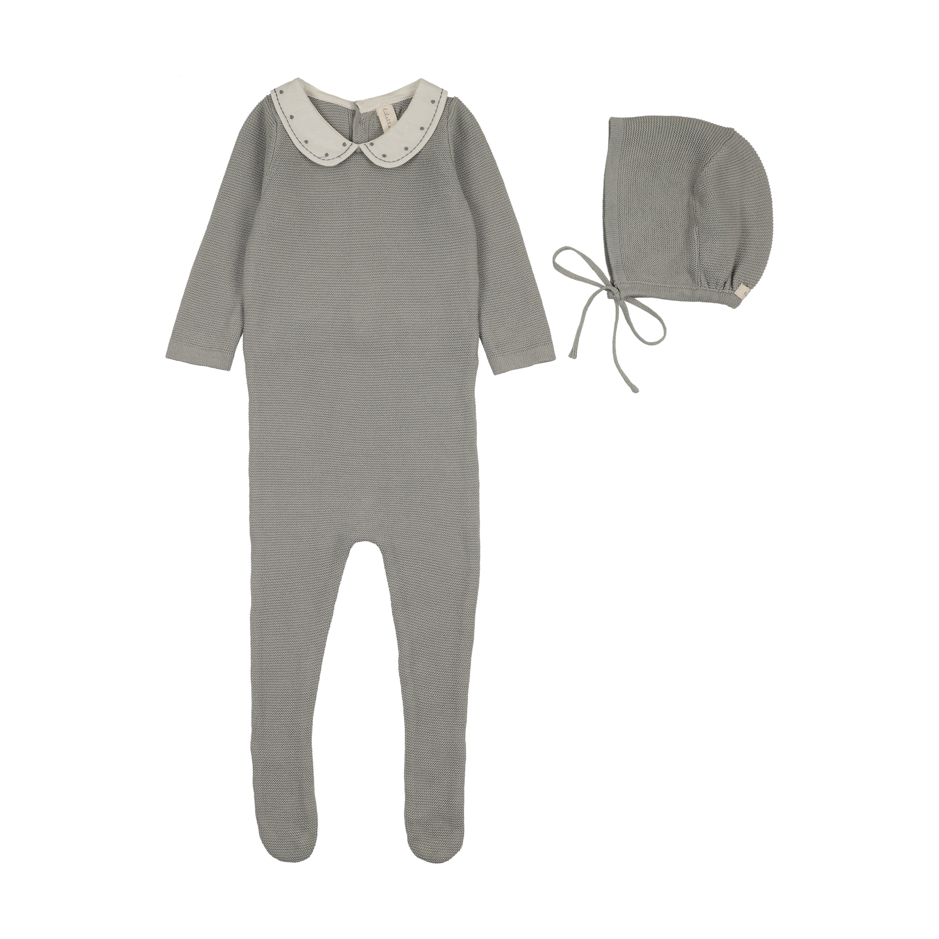 Embroidered knit collar footie set-light blue