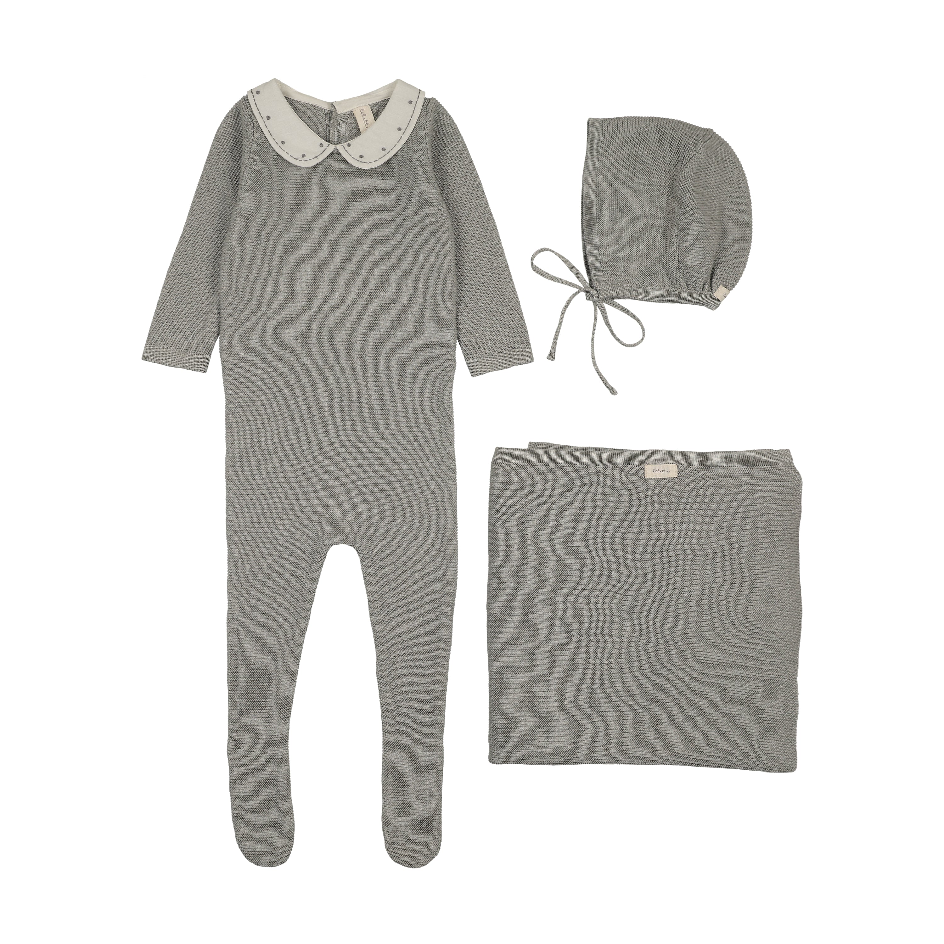 Embroidered knit collar layette set-light blue