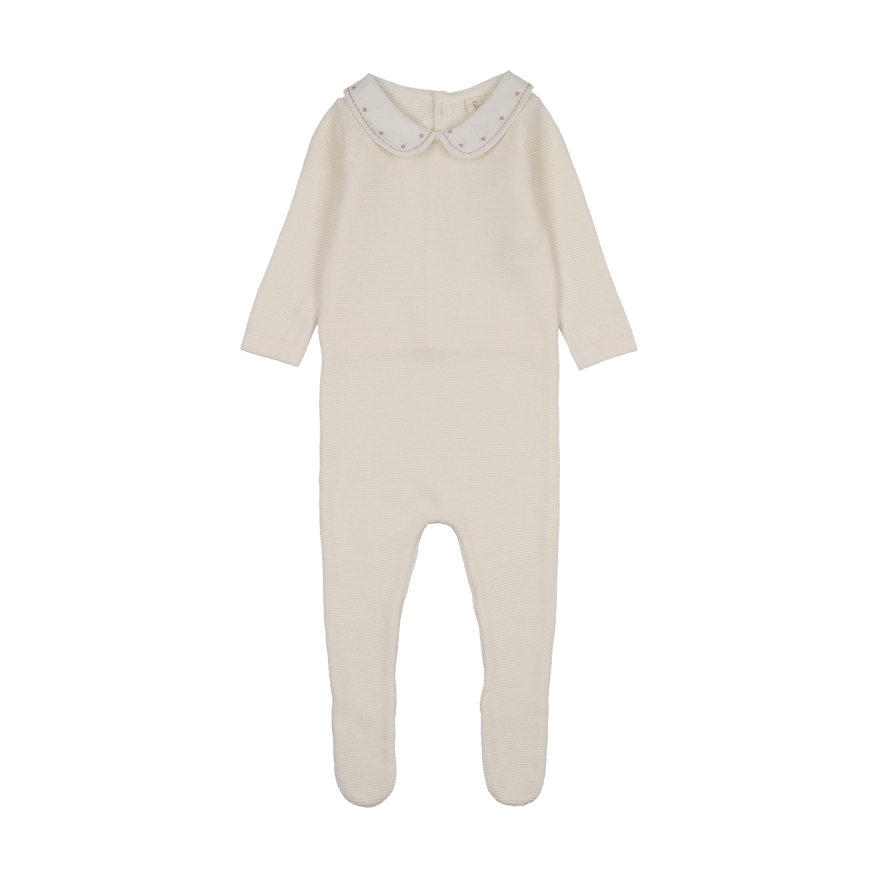 Embroidered knit collar footie-cream/pink