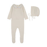 Embroidered knit collar footie set-cream/pink