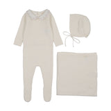 Embroidered knit collar layette set-cream/pink