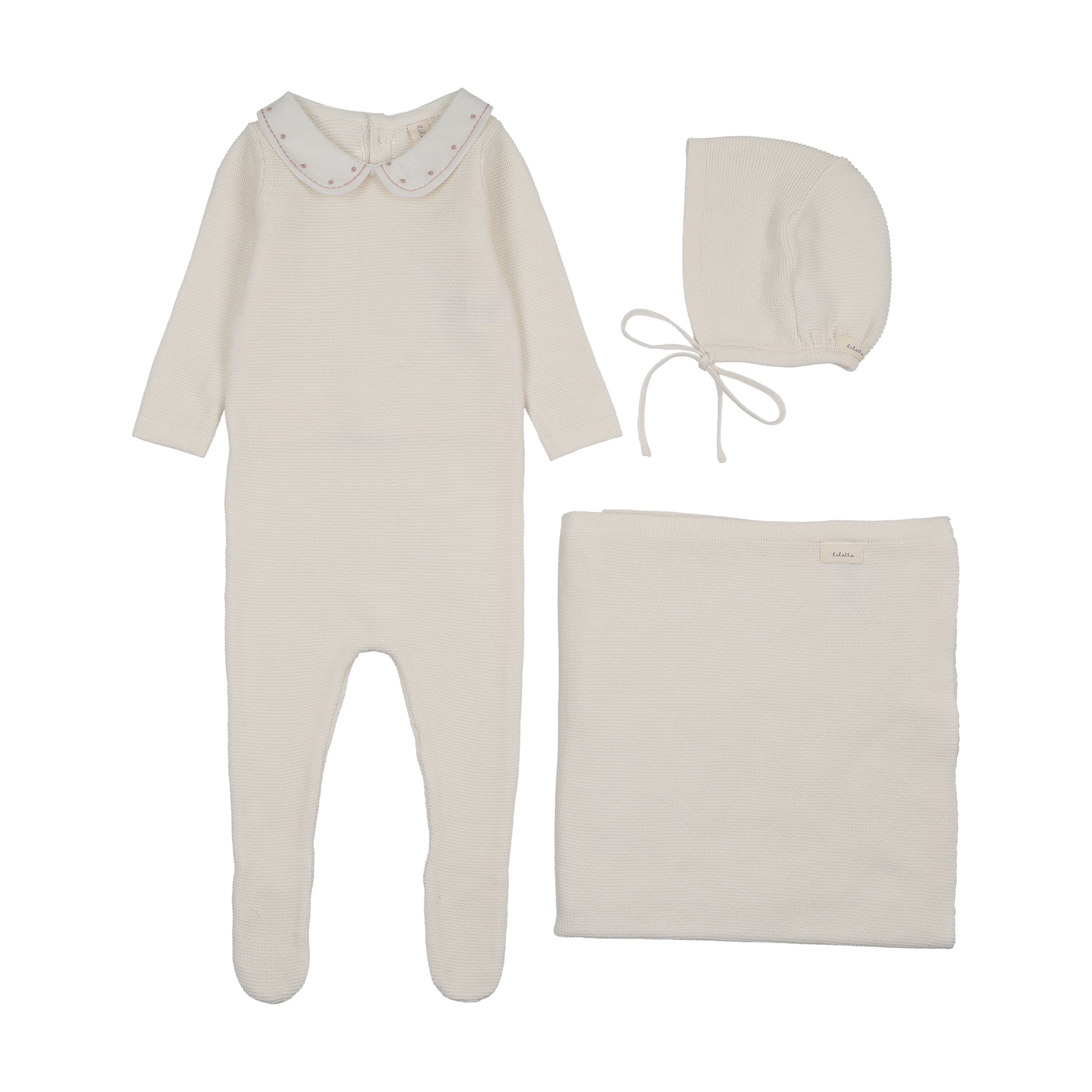 Embroidered knit collar layette set-cream/pink