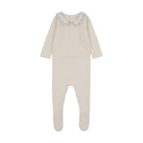 Embroidered knit collar footie-cream/blue