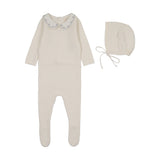 Embroidered knit collar footie set-cream/blue