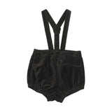 Velvet Gathered Suspender Shorts-Black