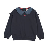 Sweet Campaign Denim Collar Ruffle Sweatshirt-Navy