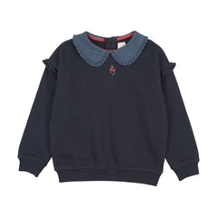 Sweet Campaign Denim Collar Ruffle Sweatshirt-Navy