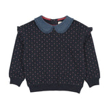 Sweet Campaign Denim Collar Ruffle Sweatshirt-Navy Print