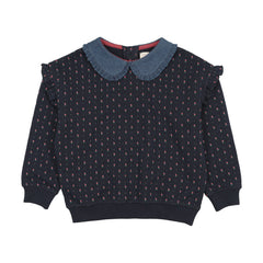 Sweet Campaign Denim Collar Ruffle Sweatshirt-Navy Print