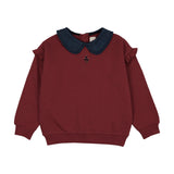 Sweet Campaign Denim Collar Ruffle Sweatshirt-Vintage Red