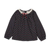 Home Garden Lace Trim Collared Blouse-Navy Print