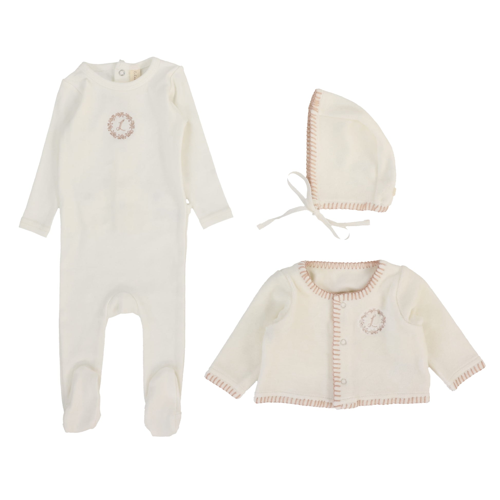 Velour Cardi Set- Cream-Pink