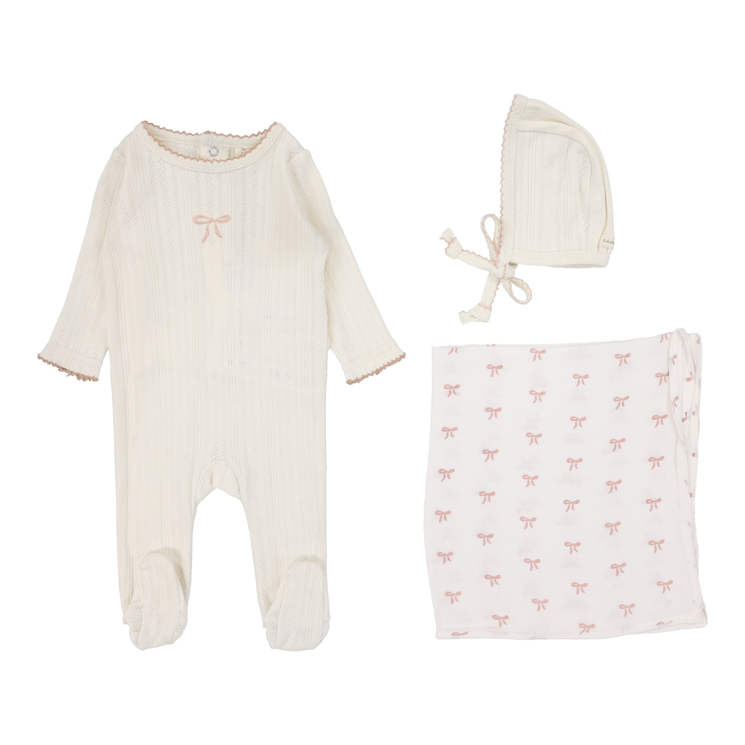 Pointelle Graphic Layette Set - Cream/Pink Bow