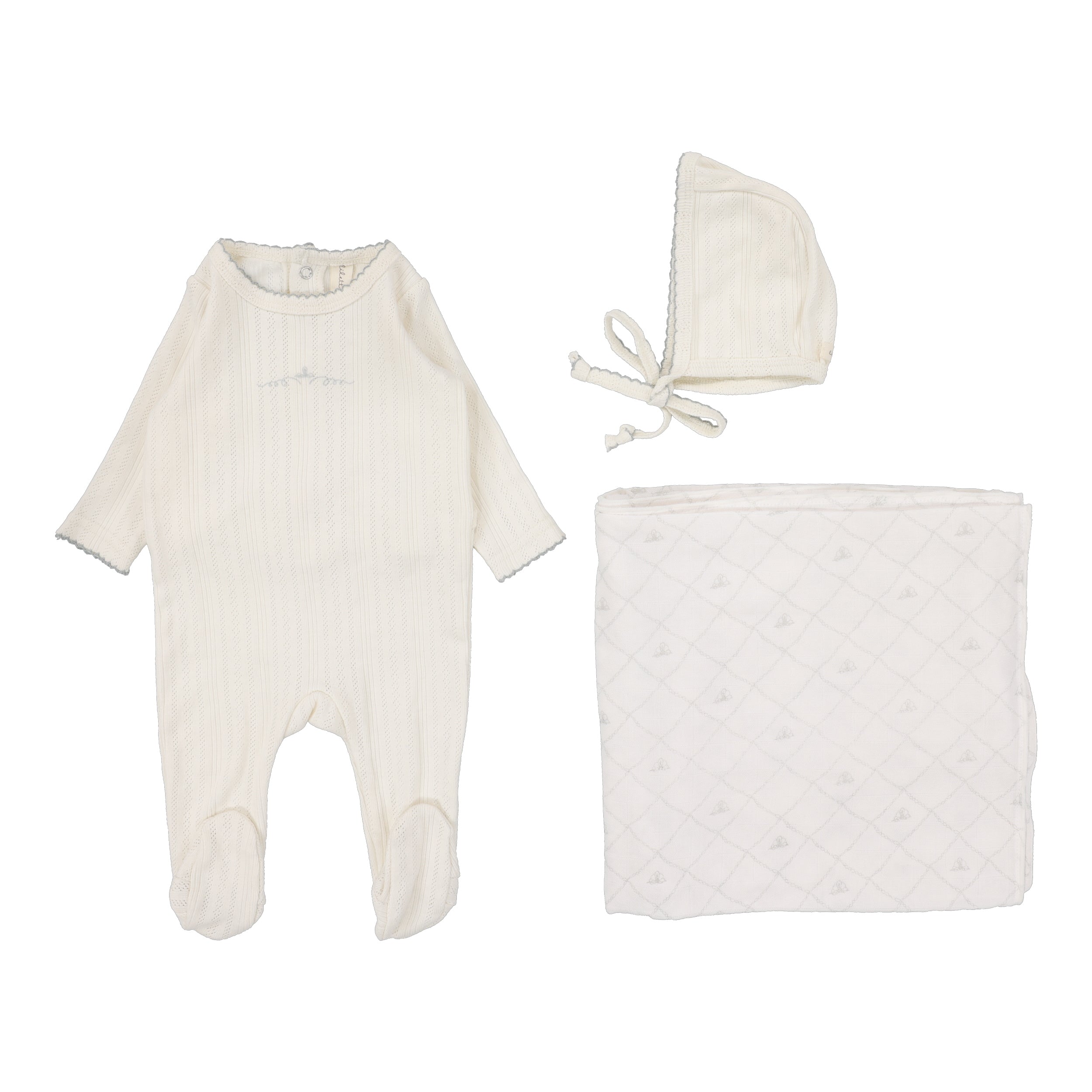 Pointelle Graphic Layette Set - Cream/Blue Crown
