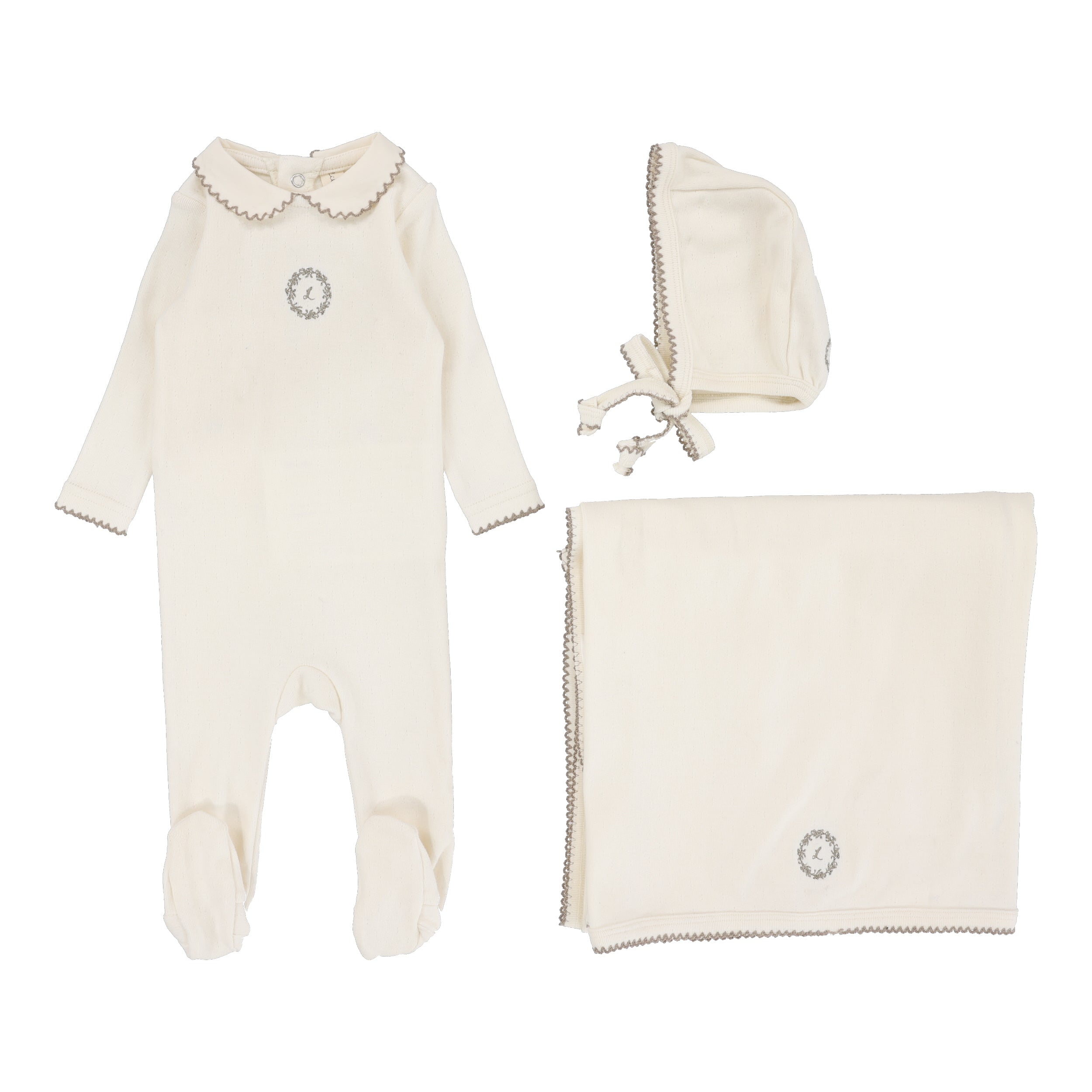 Emblem Embroidered Layette Set - Cream/Oat