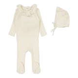 Fine Pointelle Collar Footie Set  - Cream Ruffle
