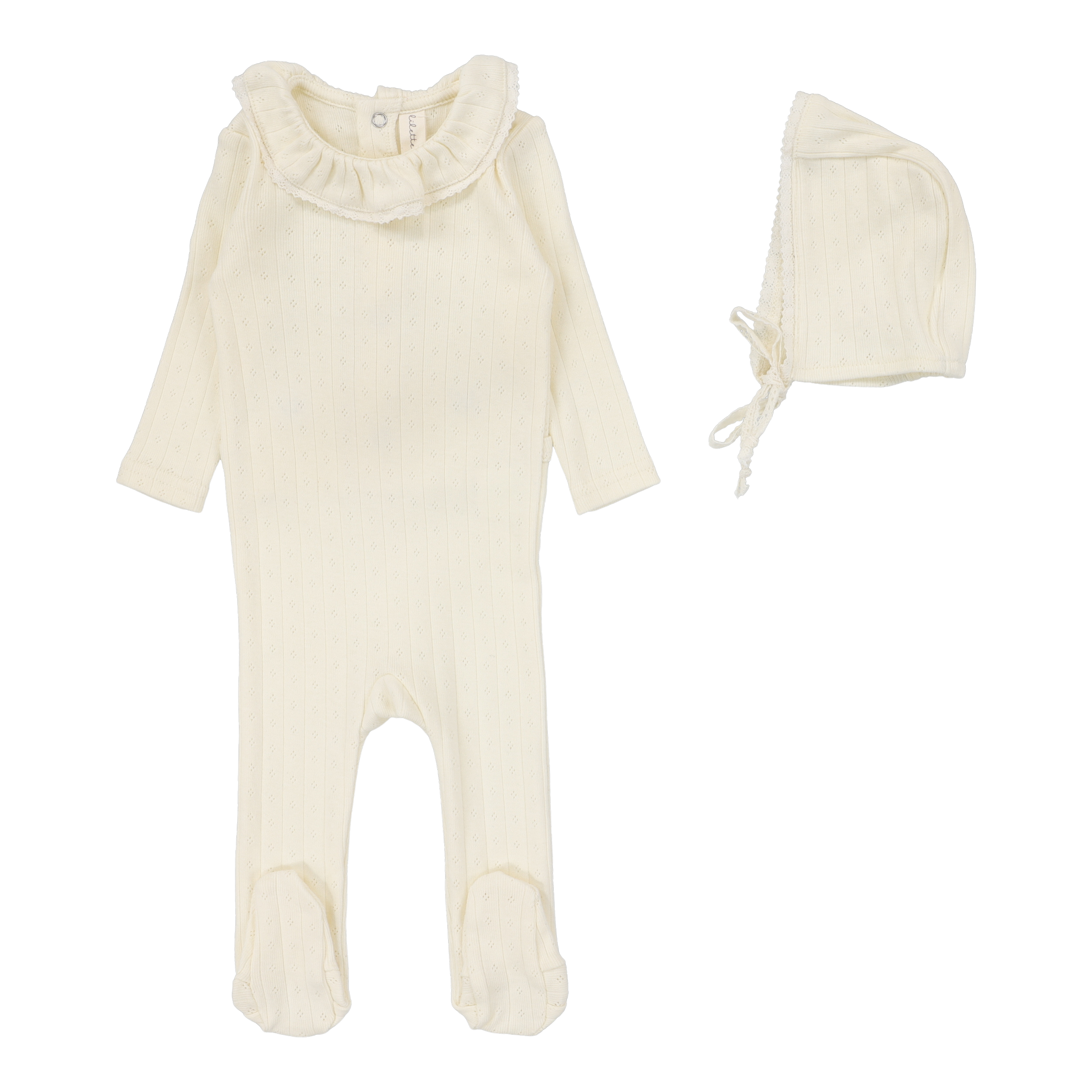 Fine Pointelle Collar Footie Set  - Cream Ruffle